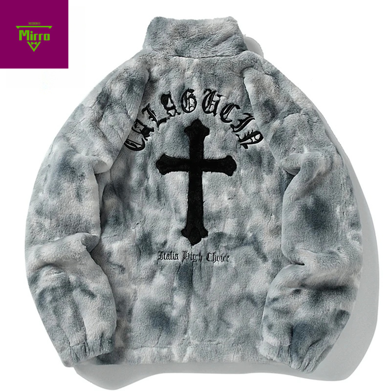 Sherpa Jacket Fleece - Streetwear Vintage Fleece Jacket Cross Embroidery
