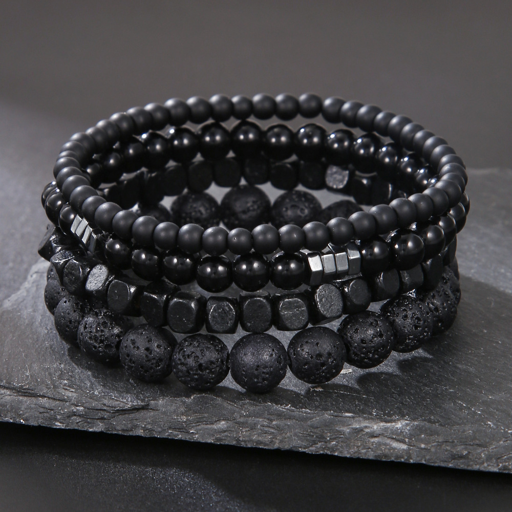 Mens Fashion Combination - 4PC Volcano Stone Black Gallstone Beaded