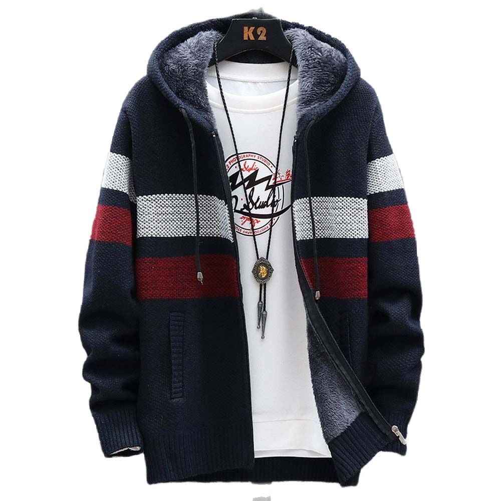 Men'S Fashion Zip Sweater - Men's Striped Sweater Coat Thick Fleece