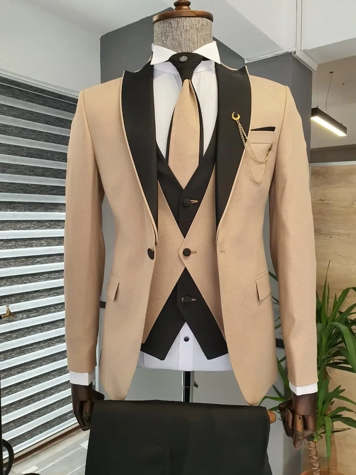 Slim Fit Blazer Men - champagne Jacket Black Pant England Men
