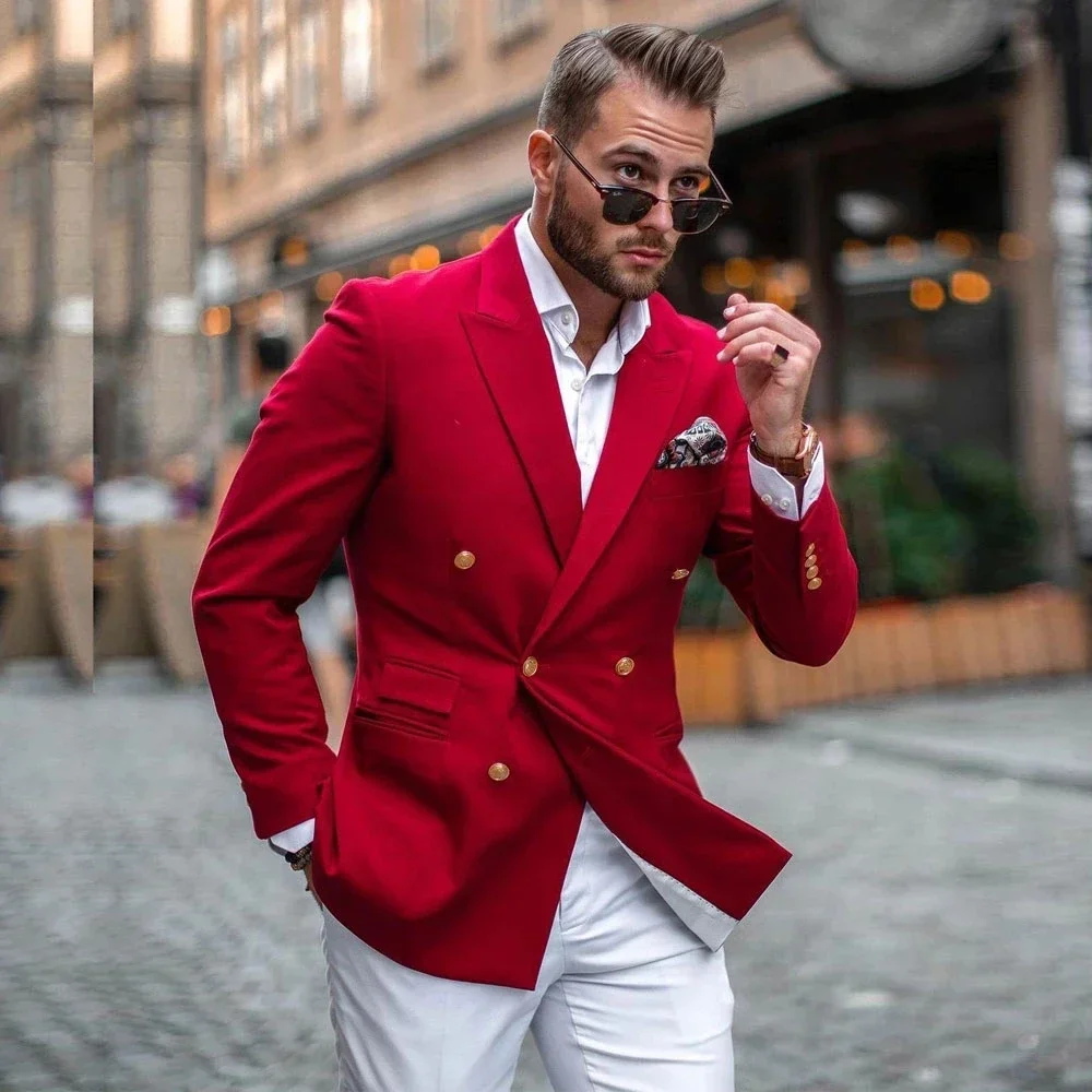 Slim Fit Blazer Men - Red Jacket White Pant Double Breasted